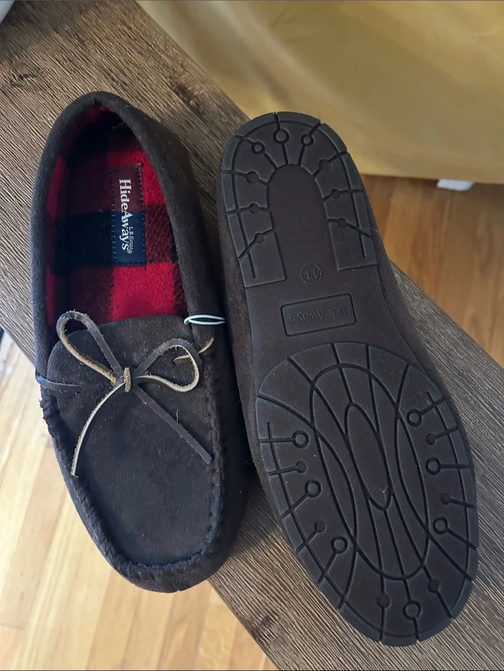 Brown Suede Moccasin Slippers with Red Plaid Lining